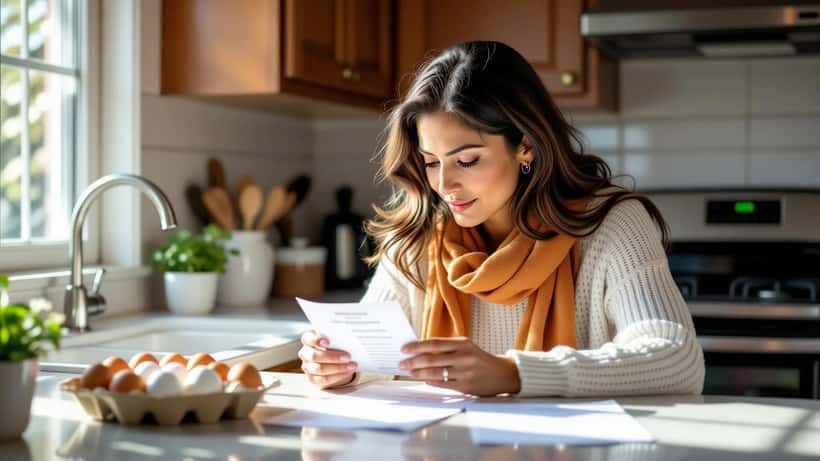 Canadian woman examining an egg carton against a printed CFIA recall notice at a kitchen counter
