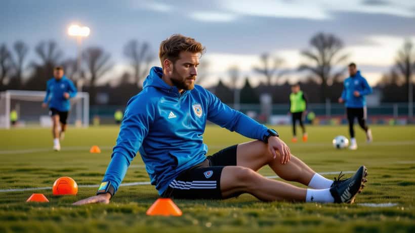 Amateur fodboldspiller strækker ud på en dansk fodboldbane inden sæsonstart, med pulsmåler på håndleddet