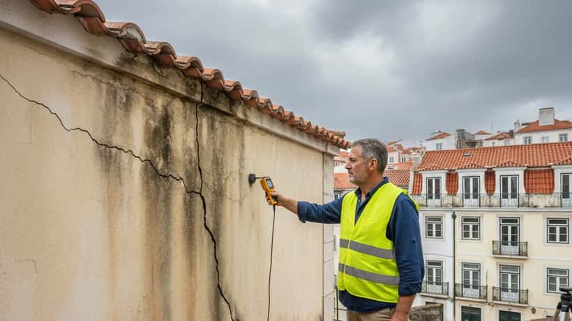 Inspetor de obras português com colete de segurança avaliando danos numa fachada de casa lisboeta após tempestade ciclónica