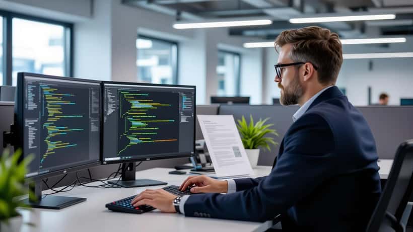 IT consultant reviewing AI-generated content on dual monitors in a modern UK office