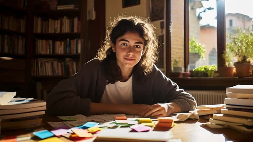 Studente italiano studia con flashcard e appunti in un locale studio a Roma