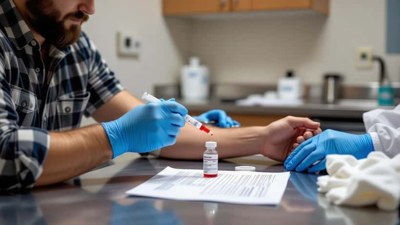Nurse drawing a blood sample during a hormone therapy monitoring appointment, with a labeled testosterone vial and lab form on the clinic counter