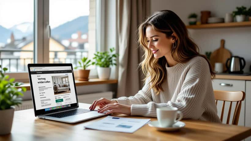 Frau klickt Widerrufsbutton beim Online-Kauf auf Laptop – VerbRÄG 2026 Österreich