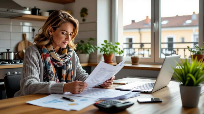 Mulher portuguesa revê declaração de IRS e contrato de arrendamento em mesa de cozinha — nova taxa para senhorios em 2026
