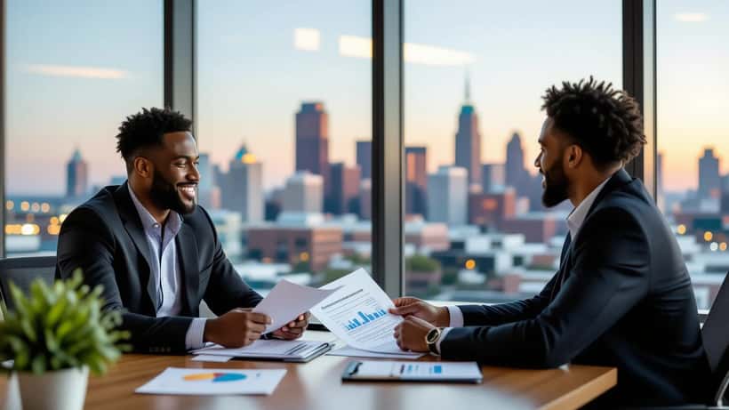 Conseiller financier et joueur NBA non-vedette discutant gestion de patrimoine et contrat sportif à Cleveland