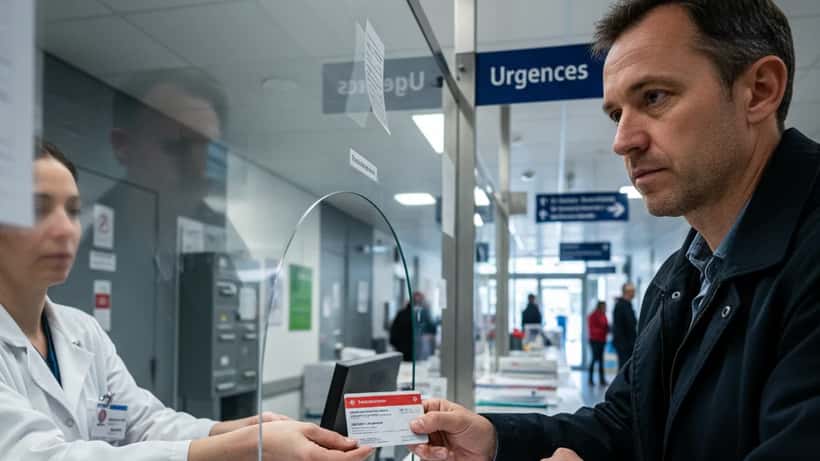Patient présentant sa carte d'assurance aux urgences d'un hôpital suisse avec une pièce de 50 francs sur le comptoir