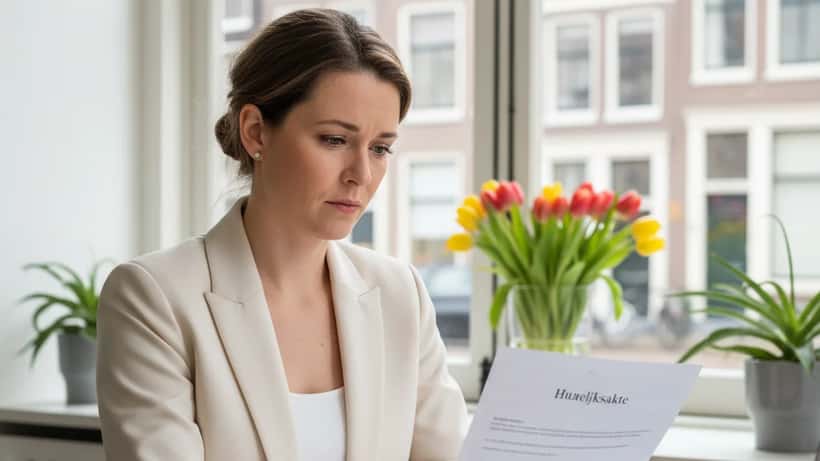 Nederlandse vrouw bekijkt huwelijksakte aan haar bureau in Amsterdam, met trouwringen naast juridische papieren