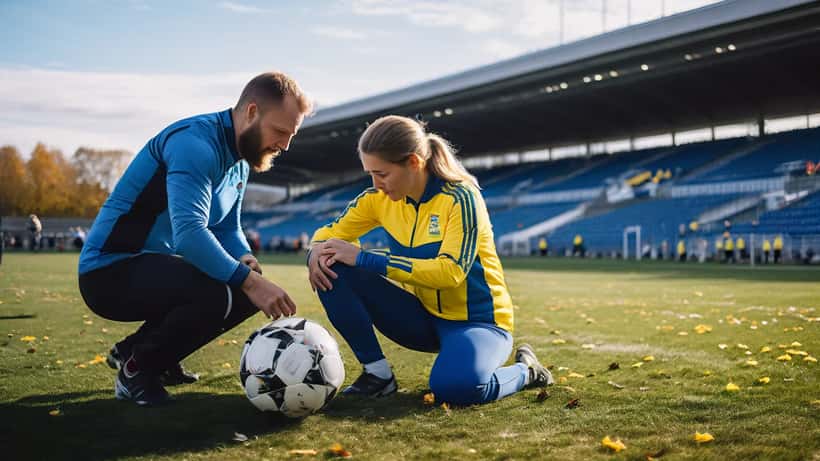 Idrottsläkare vårdar fotbollsspelare vid Göteborgs-derby, fotbollsskada på plan