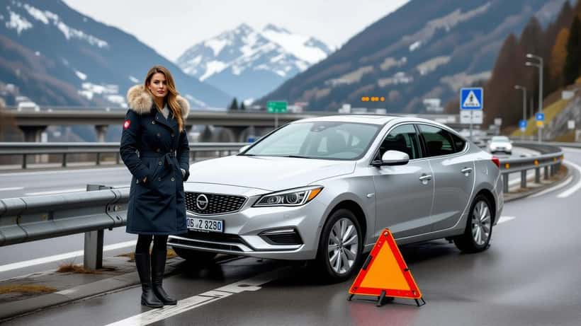 Conductrice inspectant son véhicule accidenté contre un glissier autoroutier suisse sous la pluie