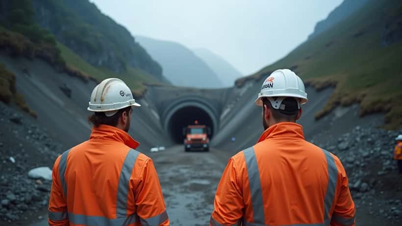 Anleggsarbeidere ved tunnelinngang i norsk fjellterreng, Vestland