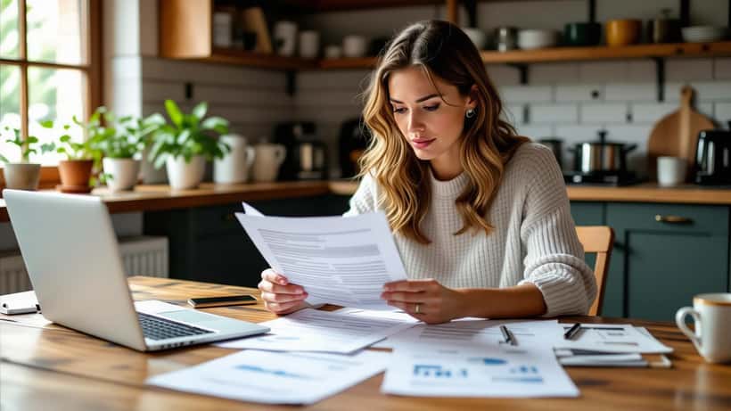 Femme avec un bras en écharpe qui examine des documents d'assurance LAA et des fiches de salaire après un accident d'autoroute