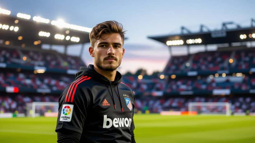 Jonge voetballer op het veld van Atlético Madrid met stadionverlichting op de achtergrond