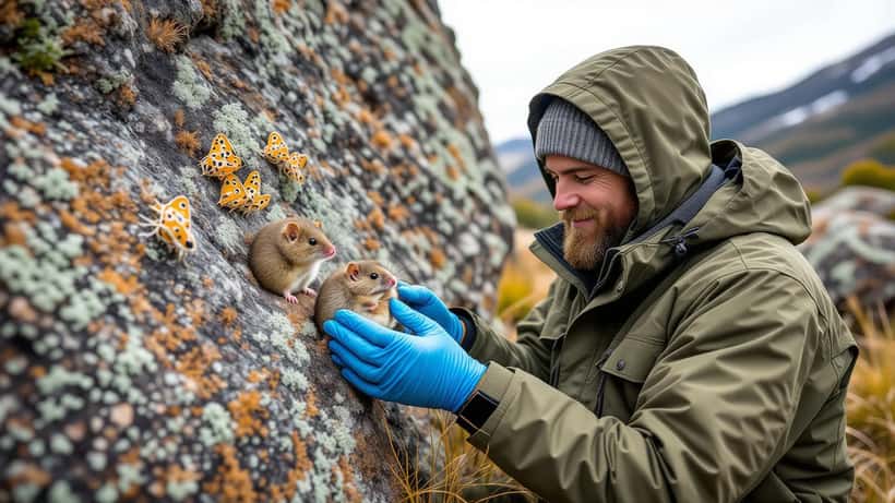 Wildlife vet examining a small mountain pygmy possum found near an alpine lodge in the Australian Alps