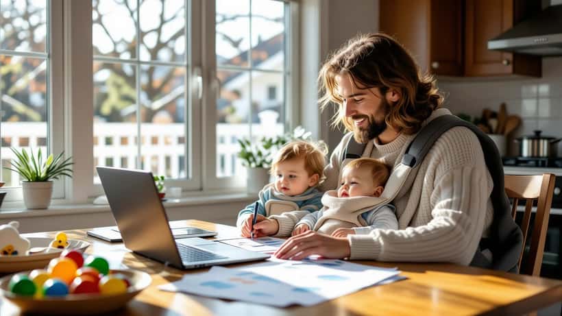 Parent reviewing a family budget and RESP savings paperwork on a laptop at a kitchen table in a Canadian home