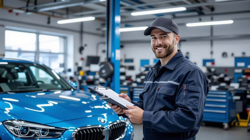 Kfz-Mechaniker begutachtet Fahrzeug auf Hebebühne in österreichischer Werkstatt — Pickerl-Reform 2026