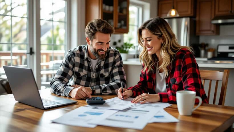 Couple reviewing mortgage refinance documents and contractor renovation estimates at kitchen table