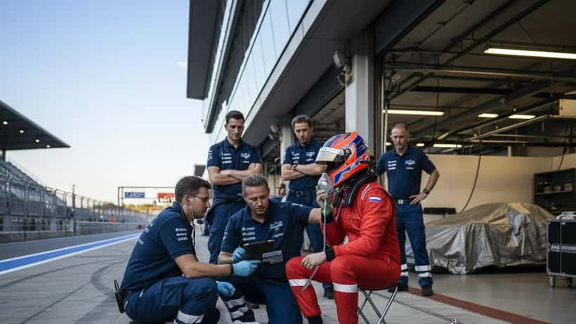 Racerijder in brandwerpak wordt na een crash in de pitlane medisch onderzocht door een sportmedisch team