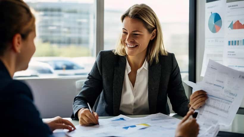 Norsk kvinne i forretningsklær gjennomgår boliglånsdokumenter og rentegrafer på kontor i Oslo
