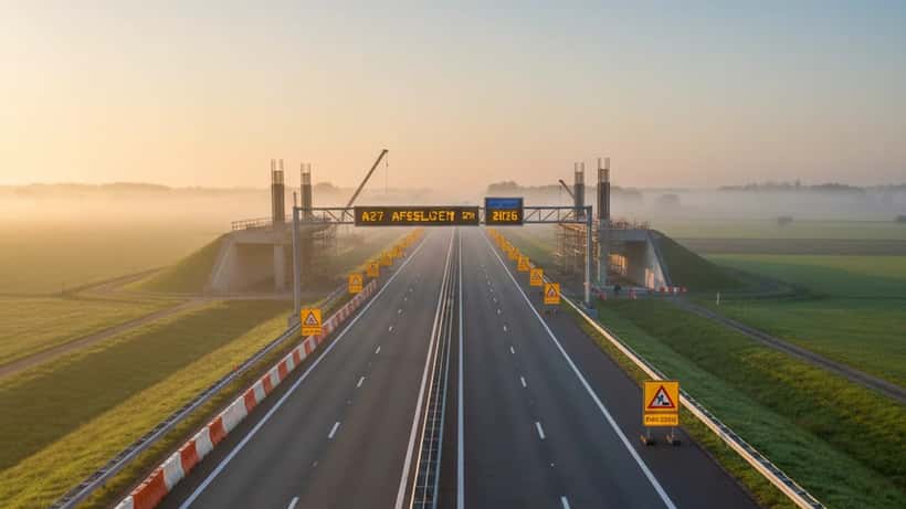 A27 snelweg bij Houten met oranje bouwbakens en omleidingsborden in de ochtendmist