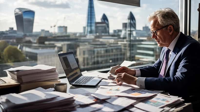 Financial adviser reviewing pension statements and gilt yield charts in a London office