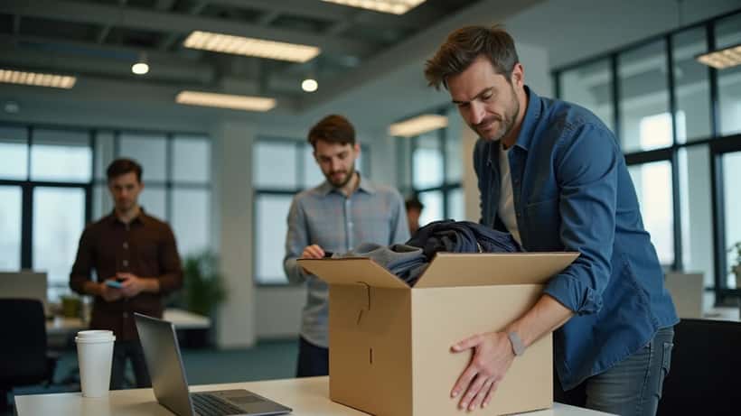 Professionnel canadien en train de vider son bureau après un licenciement dans une entreprise technologique