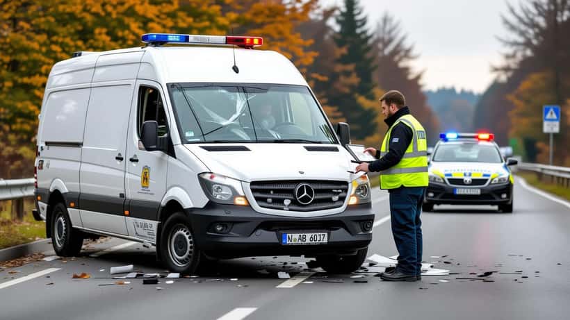 Karambolierter Lieferwagen an einer deutschen Landstraße im Oktober 2026, Kfz-Gutachter in gelber Warnweste dokumentiert den Fahrzeugschaden