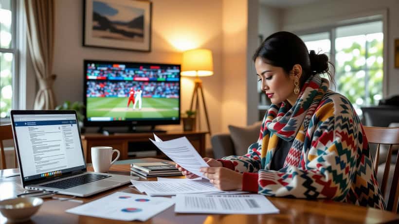Nepalese woman reviewing Australian visa paperwork with cricket match streaming on laptop in Melbourne apartment