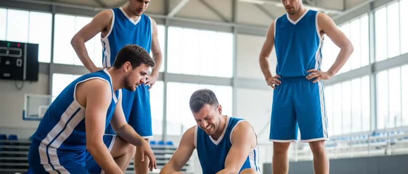 Joueur de basketball amateur se tenant la cheville après une blessure sur un terrain de sport