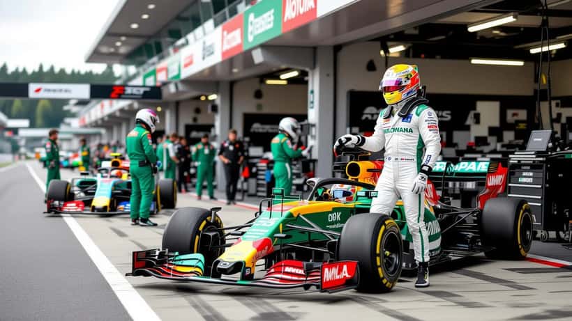 Jovem piloto de Fórmula 2 com macacão verde e amarelo ao lado de um carro monoposto no pit-lane de Spa