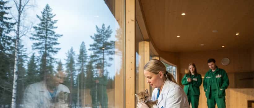 Suomalainen eläinlääkäri tutkii pientä villieläintä modernissa eläintarhaympäristössä
