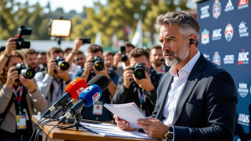 Interprete che assiste un allenatore di calcio durante una conferenza stampa