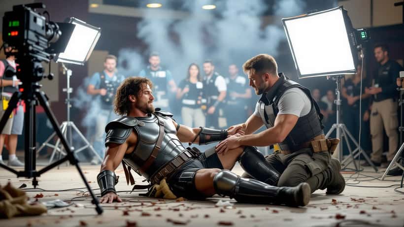 Dublê lesionado em fantasia de guerreiro é atendido por um socorrista em um set de filmagem
