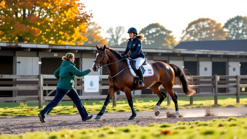 Vet checking a thoroughbred's foreleg on a stable yard in autumn light