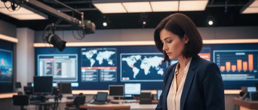 Journaliste française assise à un bureau de studio de télévision, révisant ses notes, décor professionnel