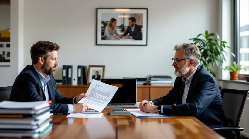 Twee zakenmensen in gesprek over juridische documenten bij een familiebedrijfsconflict over bedrijfsopvolging