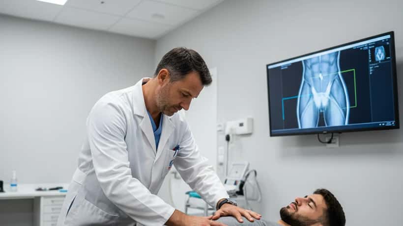 Medico sportivo italiano in camice bianco esamina la coscia di un atleta in una clinica di Milano