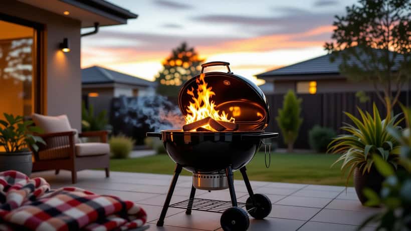 Gas barbecue grill with an open flame on a suburban Australian backyard patio at dusk