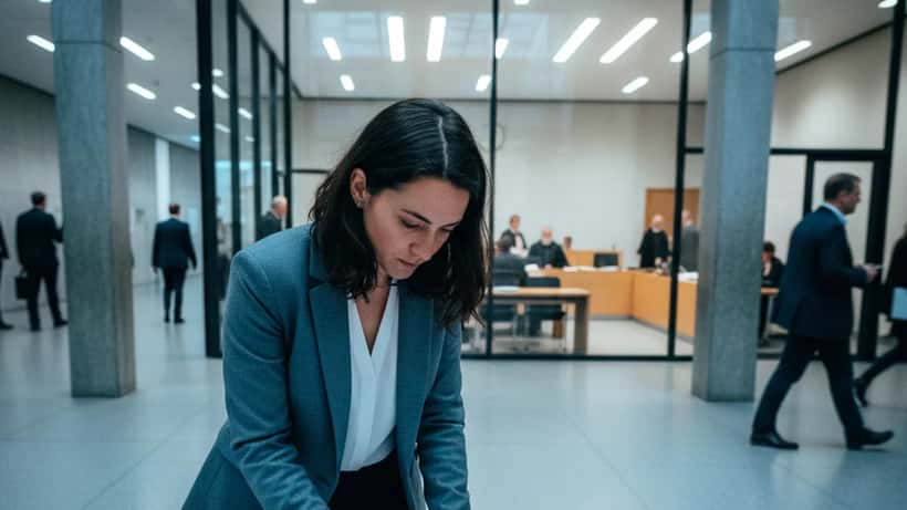 Anwältin prüft Unterlagen zu häuslicher Gewalt in einem Berliner Gerichtsgebäude