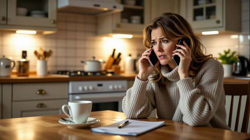 Concerned British woman calling an addiction helpline at night, notepad with numbers on kitchen table