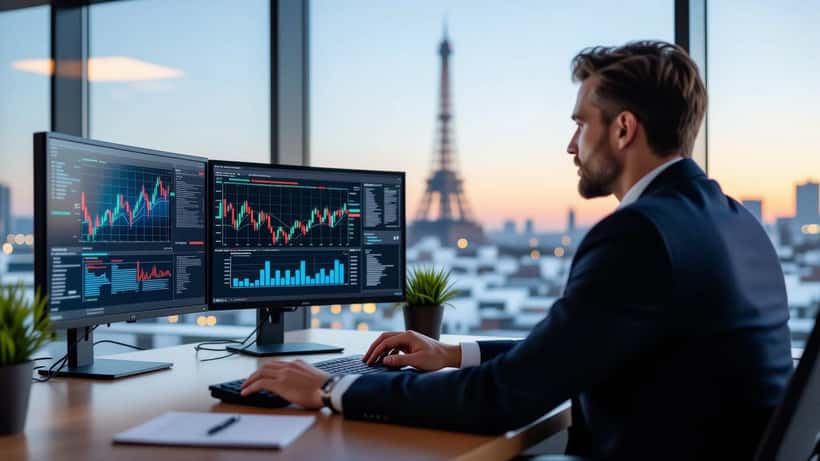 Conseiller en gestion de patrimoine français analysant les valeurs européennes de défense sur écran