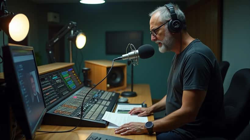 Jornalista de rádio em estúdio FM empacotando pertences com carta de demissão sobre a mesa em São Paulo