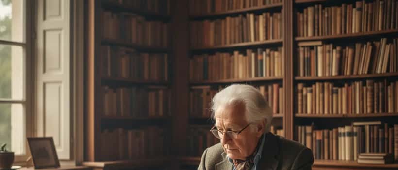 Homme senior assis à un bureau en bois, lisant des documents dans une bibliothèque chaleureuse