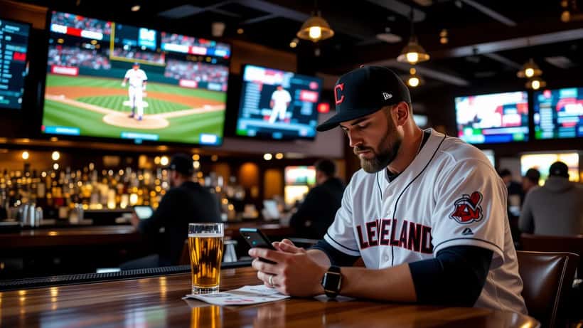 Attorney and Guardians fan examining a voided sports bet slip on a smartphone at a Cleveland sports bar