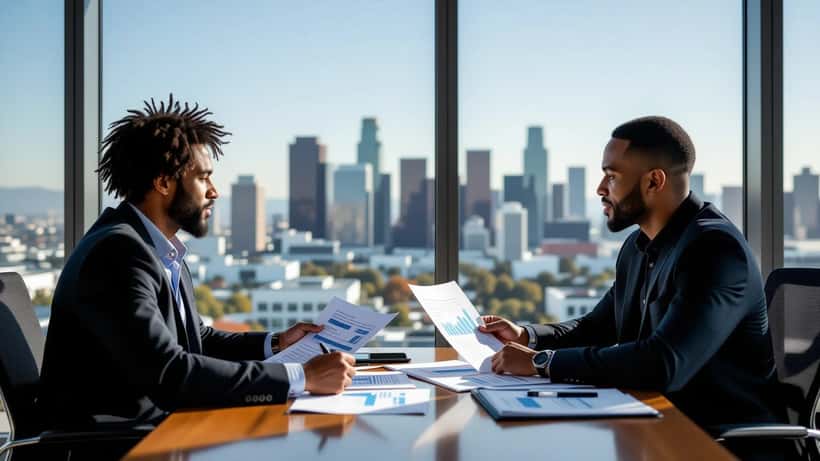 Young NBA athlete reviewing financial documents with wealth advisor in Los Angeles office