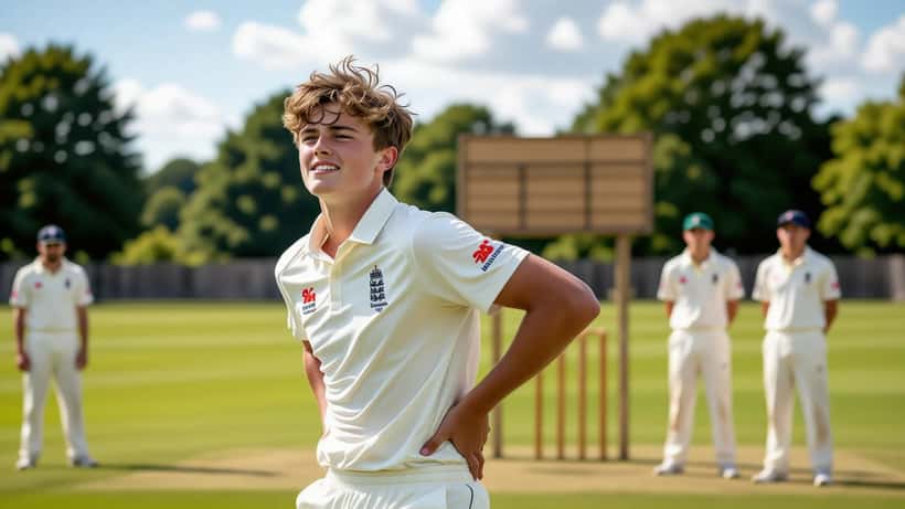 Teenage fast bowler clutching lower back in pain at an English village cricket ground