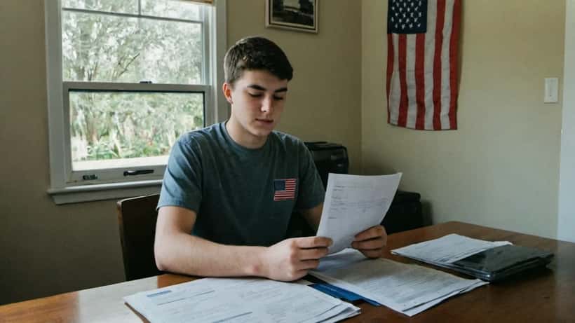 Young American man reading Selective Service registration documents at home