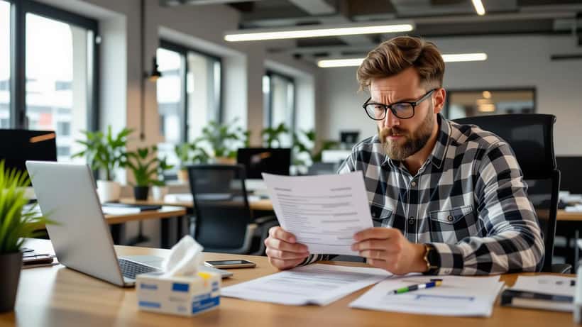 Arbeitnehmer sitzt krank am Schreibtisch, Taschentücher und Medikamente neben dem Laptop, besorgt beim Blick auf die Gehaltsabrechnung