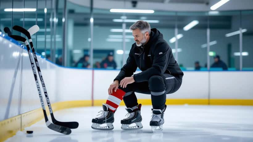Physiotherapist examining an amateur ice hockey player's groin in a rink treatment room