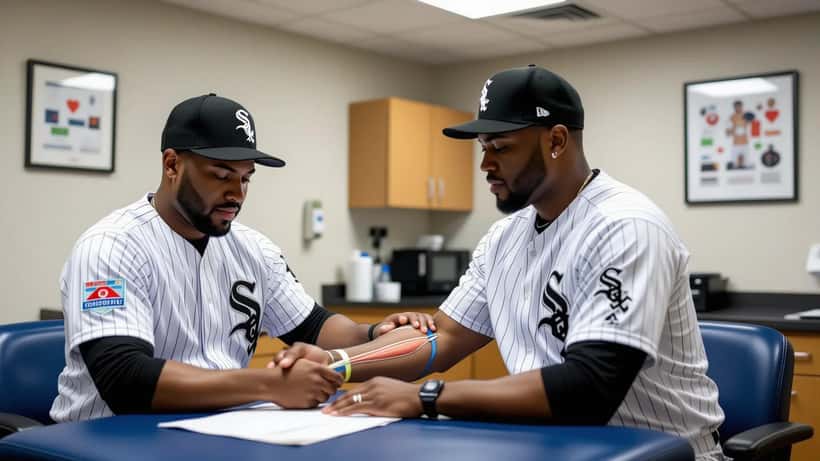 Baseball player's throwing elbow examined by sports medicine doctor in clinic