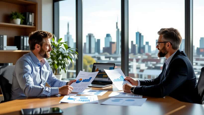 Beratungsgespräch: Finanzberater und Mandant analysieren Investmentportfolio in Frankfurter Büro